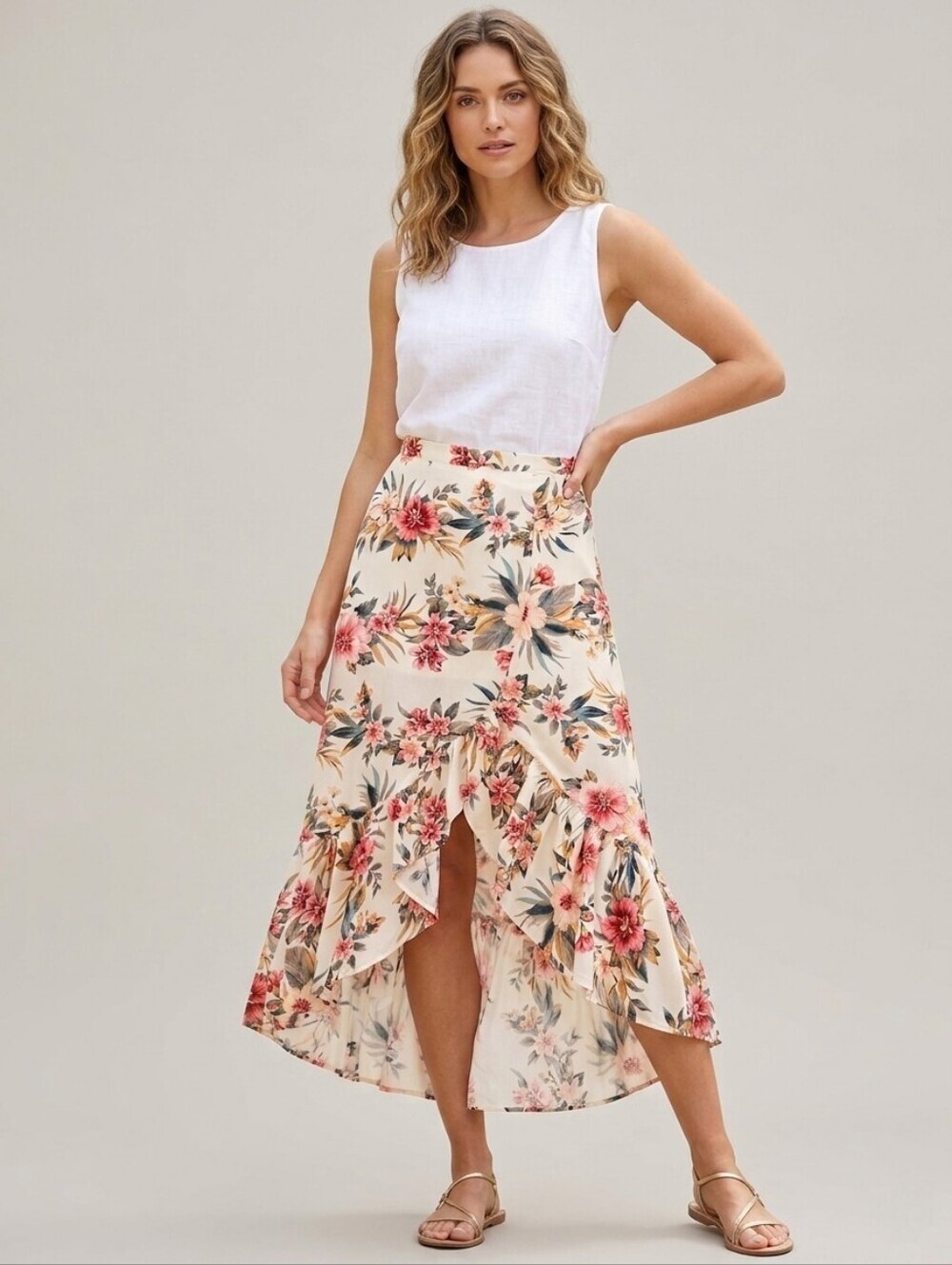 Dex Floral Ruffle Trim High-Low Maxi Skirt S Cream Red Boho Cottagecore Prasant